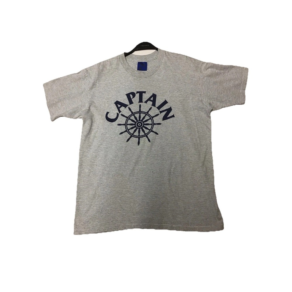 Vintage Captain T Shirt Adult Size L Gray Striped Short Sleeve Single Stitch